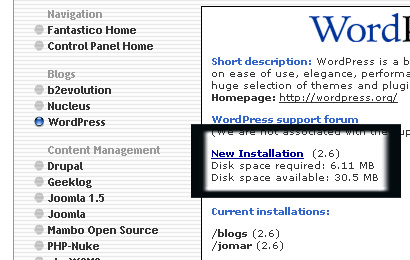 Wordpress Installation Fantastico